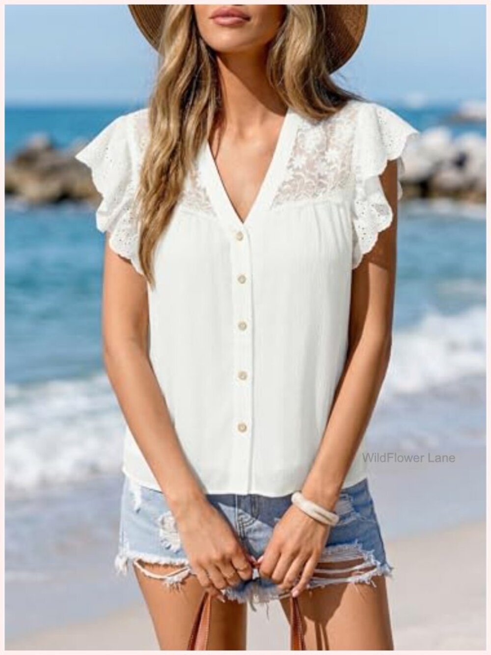 Ruffle Sleeve Lace Top V Neck Button Down Blouse Spring Summer - Picture 4 of 7